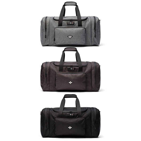 Three Erozul Legion Smell Proof Duffel Bags With TSA Combination Lock by Erozul in gray, dark brown, and black are shown vertically, each with side pockets, front pocket, two handles, and advanced odor-blocking security.
